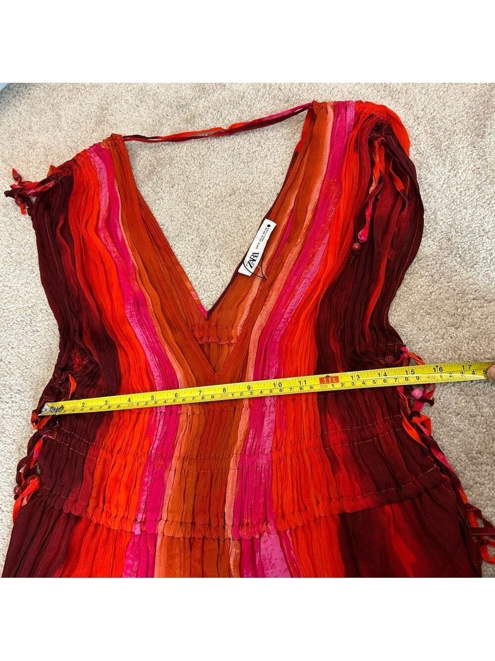 Zara red pink tie-dye BoHo V-neck midi dress Sz M tropical beach vacation NWOT - Picture 11 of 16